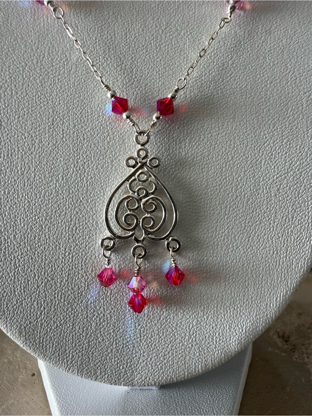 Handmade Sterling Silver Filigree Necklace with Pink Swarovski Crystals - Picture 2 of 4
